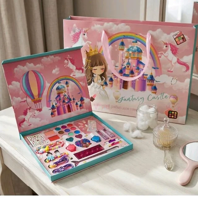 VikriDA Big Size Kids Washable Makeup Kit | Foldable Makeup Palette with Mirror | Pretend Play Cosmetic Set for Girls | Safety Tested Non-Toxic Makeup Toy Gift
