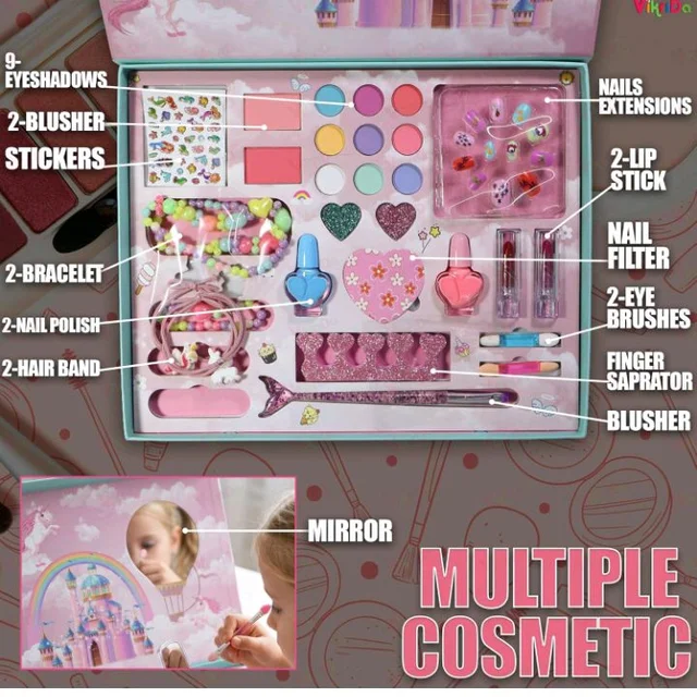 VikriDA Big Size Kids Washable Makeup Kit | Foldable Makeup Palette with Mirror | Pretend Play Cosmetic Set for Girls | Safety Tested Non-Toxic Makeup Toy Gift