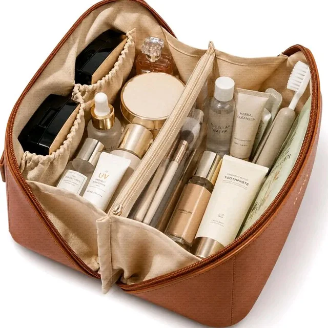 LUMONY® Makeup Pouch Bag Leather Large Capacity Travel Toiletries Organizer Cosmetic Bag with Handle and Divider Multifunctional Makeup Bag for Easy Access Waterproof (Brown)