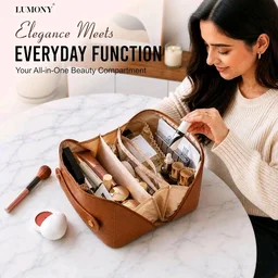 LUMONY® Makeup Pouch Bag Leather Large Capacity Travel Toiletries Organizer Cosmetic Bag with Handle and Divider Multifunctional Makeup Bag for Easy Access Waterproof (Brown)