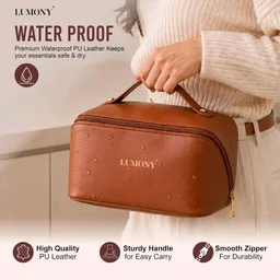 LUMONY® Makeup Pouch Bag Leather Large Capacity Travel Toiletries Organizer Cosmetic Bag with Handle and Divider Multifunctional Makeup Bag for Easy Access Waterproof (Brown)