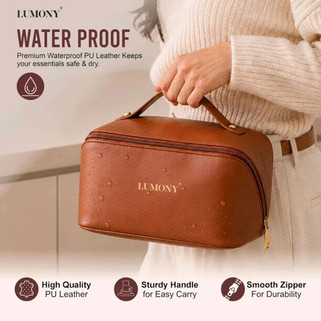 LUMONY® Makeup Pouch Bag Leather Large Capacity Travel Toiletries Organizer Cosmetic Bag with Handle and Divider Multifunctional Makeup Bag for Easy Access Waterproof (Brown)