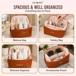 LUMONY® Makeup Pouch Bag Leather Large Capacity Travel Toiletries Organizer Cosmetic Bag with Handle and Divider Multifunctional Makeup Bag for Easy Access Waterproof (Brown)