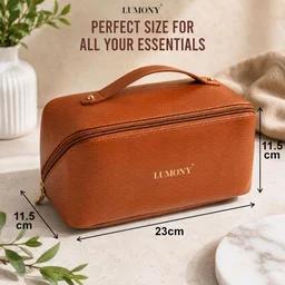 LUMONY® Makeup Pouch Bag Leather Large Capacity Travel Toiletries Organizer Cosmetic Bag with Handle and Divider Multifunctional Makeup Bag for Easy Access Waterproof (Brown)