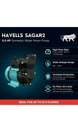 Havells Monoblock Water Motor Pump SAGAR2 (0.5 HP) | Copper Winding, High Flow Rate, 180-260 V Range | Overheat Protection, Durable | For Home, Apartment | 1 Yr Warranty, Half (1/2) HP