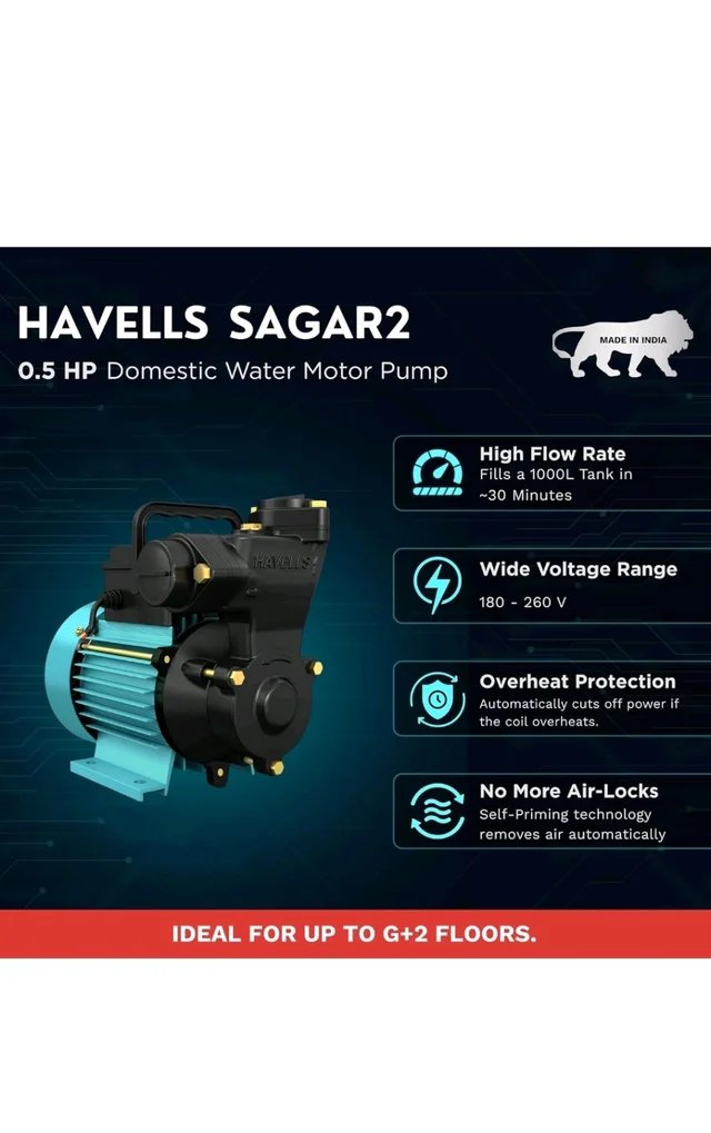 Havells Monoblock Water Motor Pump SAGAR2 (0.5 HP) | Copper Winding, High Flow Rate, 180-260 V Range | Overheat Protection, Durable | For Home, Apartment | 1 Yr Warranty, Half (1/2) HP