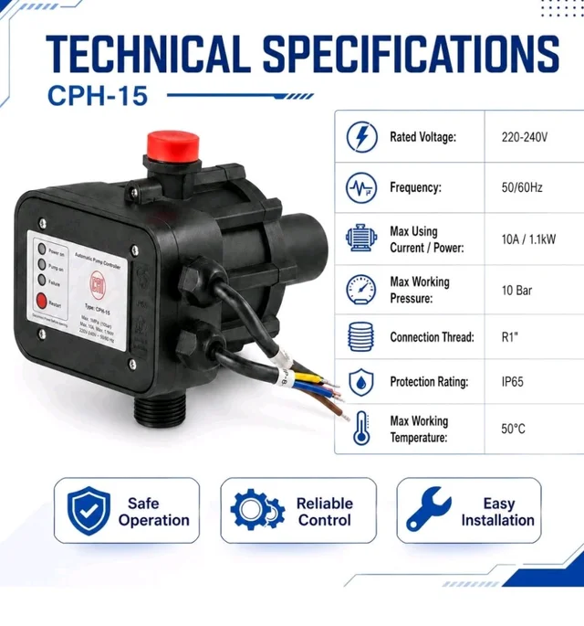 CRI Automatic Pump Controller CPH-15 | Smart Water Pump Controller for Motor Protection | Auto Start-Stop | Dry Run Protection | Usage both 0.5 and 1hp water pump compatible I 6 months Warranty