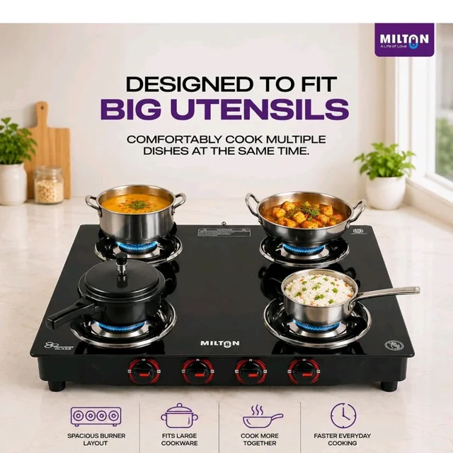MILTON Premium 4 Burner Black Manual Ignition Glass Top Gas Stove, (ISI Certified)
Amazon's Choice