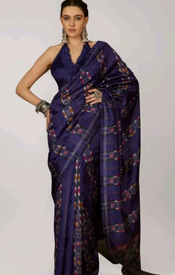 SAREE MALL Women's Bhagalpuri Silk Ikat Printed Saree With Unstitched Blouse