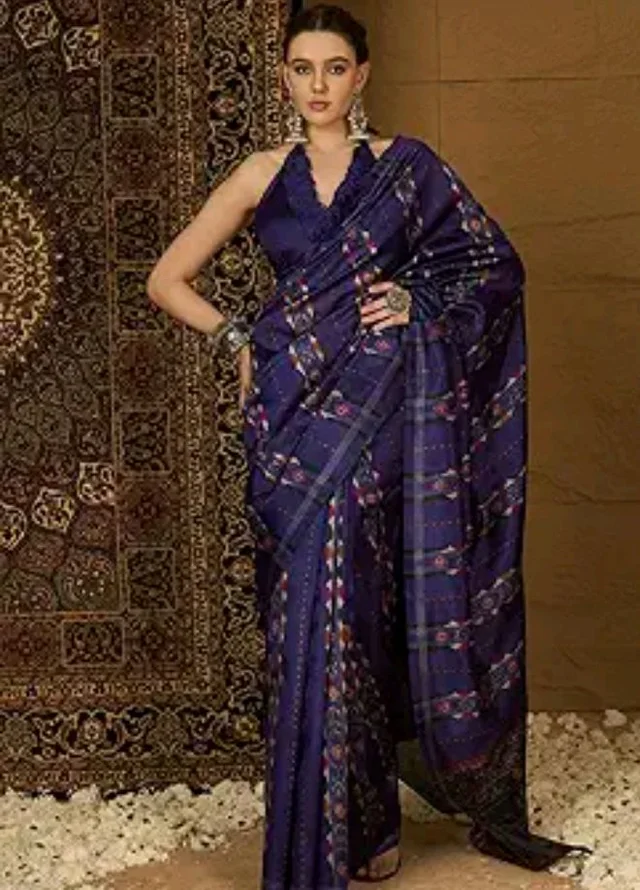 SAREE MALL Women's Bhagalpuri Silk Ikat Printed Saree With Unstitched Blouse
