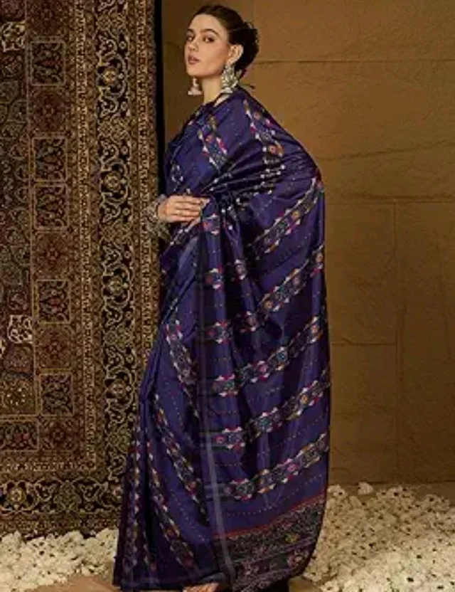 SAREE MALL Women's Bhagalpuri Silk Ikat Printed Saree With Unstitched Blouse