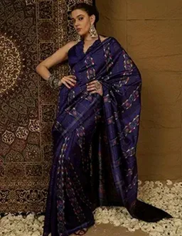 SAREE MALL Women's Bhagalpuri Silk Ikat Printed Saree With Unstitched Blouse