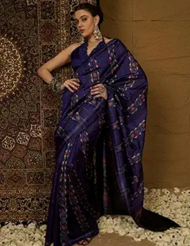 SAREE MALL Women's Bhagalpuri Silk Ikat Printed Saree With Unstitched Blouse