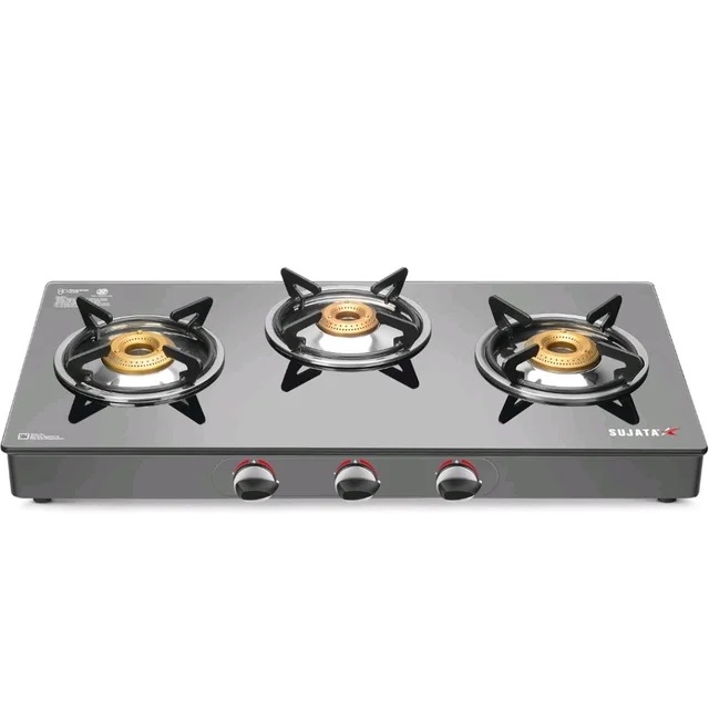 Sujata Standard Gas Stove 3 Burners Glass Top | 9 Years Warranty | Manual Gas Stove for Modular Kitchen, ISI Certified, SABAF Valve, LPG & PNG Compatible, 360° Rotating Brass Nozzle (Bl
