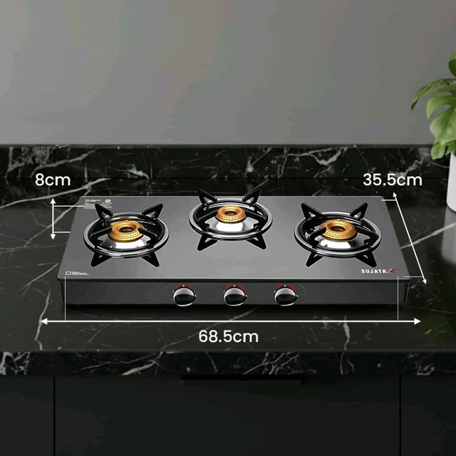 Sujata Standard Gas Stove 3 Burners Glass Top | 9 Years Warranty | Manual Gas Stove for Modular Kitchen, ISI Certified, SABAF Valve, LPG & PNG Compatible, 360° Rotating Brass Nozzle (Bl