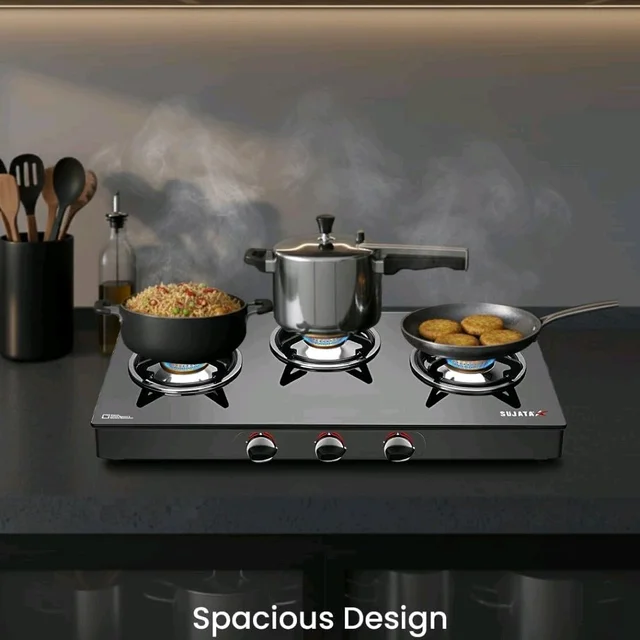 Sujata Standard Gas Stove 3 Burners Glass Top | 9 Years Warranty | Manual Gas Stove for Modular Kitchen, ISI Certified, SABAF Valve, LPG & PNG Compatible, 360° Rotating Brass Nozzle (Bl