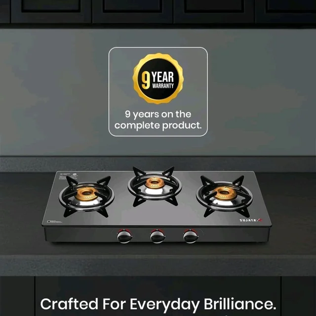 Sujata Standard Gas Stove 3 Burners Glass Top | 9 Years Warranty | Manual Gas Stove for Modular Kitchen, ISI Certified, SABAF Valve, LPG & PNG Compatible, 360° Rotating Brass Nozzle (Bl