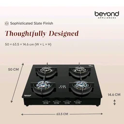 Visit the store, BEYOND BY MUKUNDA FOODS
BEYOND BY MUKUNDA FOODS
Visit the store
2.9
2.9 out of 5 stars
(14)
Beyond Appliances Auriga Pro 4 Full Brass Burner Smart Gas Stove | Auto Ignition | Digital Timer | Flame Failure Device | Toughened Glass | ISI Certified, LPG & PNG Compatible, PAN India Service
49%
off
Product Images and Videos (AI-Generated Alt Text)