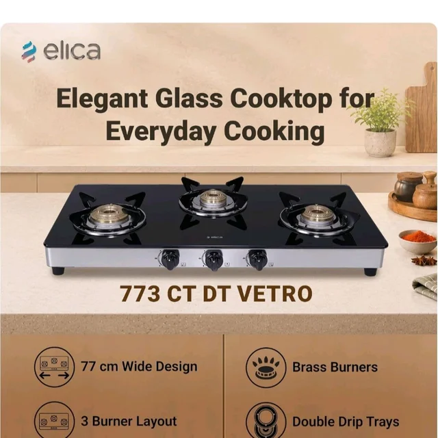 Elica 3 Burner Gas Stove with Toughened Glass Top | 773 CT DT VETRO | Double Drip Tray | Jumbo, Medium & Small Brass Burners | 7-Year Glass Warranty | Black