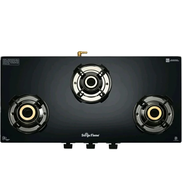 Surya Flame Neo Turbo Gas Stove 3 Burners | 5 Years Warranty | 3 Burner Gas Stove Glass Top, Stove 3 Burner, ISI Certified, 6G Brass Burners with Jumbo Burner, Flame Guard Pan Support & Metal knobs