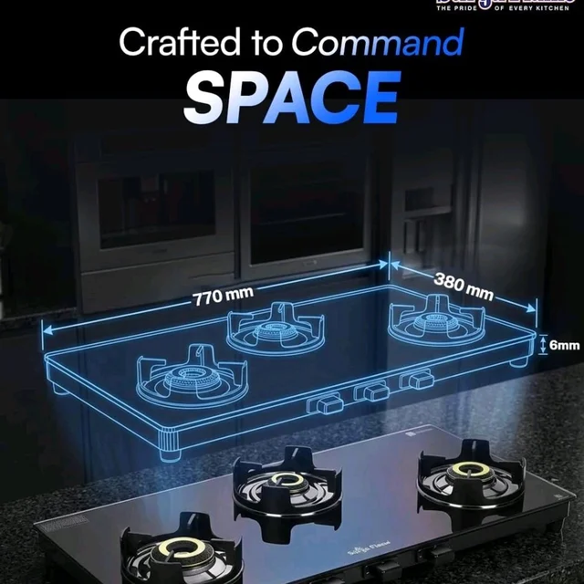 Surya Flame Neo Turbo Gas Stove 3 Burners | 5 Years Warranty | 3 Burner Gas Stove Glass Top, Stove 3 Burner, ISI Certified, 6G Brass Burners with Jumbo Burner, Flame Guard Pan Support & Metal knobs