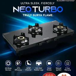 Surya Flame Neo Turbo Gas Stove 3 Burners | 5 Years Warranty | 3 Burner Gas Stove Glass Top, Stove 3 Burner, ISI Certified, 6G Brass Burners with Jumbo Burner, Flame Guard Pan Support & Metal knobs