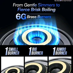 Surya Flame Neo Turbo Gas Stove 3 Burners | 5 Years Warranty | 3 Burner Gas Stove Glass Top, Stove 3 Burner, ISI Certified, 6G Brass Burners with Jumbo Burner, Flame Guard Pan Support & Metal knobs