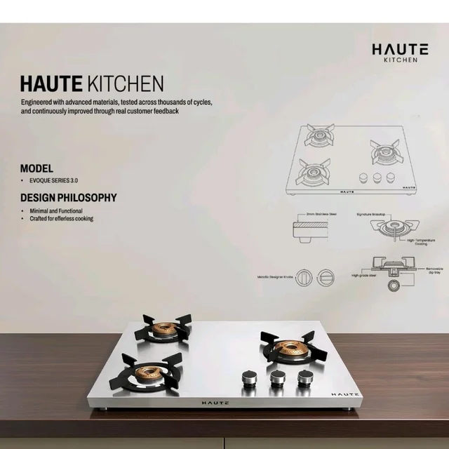 Haute Kitchen Evoque Series 3 Burner Gas Stove | 1mm Stainless Steel Body | 1 Jumbo, 1 Medium & 1 Small Burner | Doorstep Service | 8-Year Warranty by Haute Home