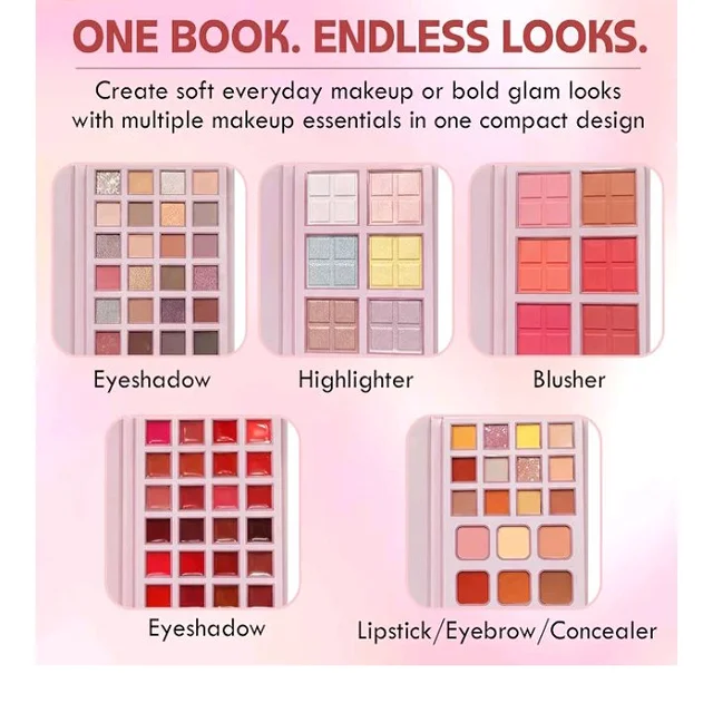 5 in 1 Makeup Book Palette, Professional Full Face All in One Makeup Kit
Eyeshadow Palette | Lipgloss | Highlighter & Blush Palette | Concealer, Contour & Eyebrow Filler | Beginner & Travel Friendly
50+ bought in past month