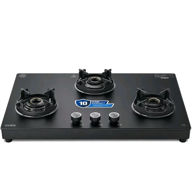 Glen Premium LPG Gas Stove 3 Burner Glass Top | 10-Year Warranty | 1 Jumbo Forged Brass Burner | Matt Finish Glass | 360° Revolving Nozzle | Manual Ignition | LPG & PNG Compatible