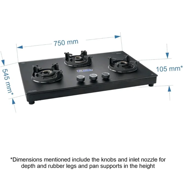 Glen Premium LPG Gas Stove 3 Burner Glass Top | 10-Year Warranty | 1 Jumbo Forged Brass Burner | Matt Finish Glass | 360° Revolving Nozzle | Manual Ignition | LPG & PNG Compatible