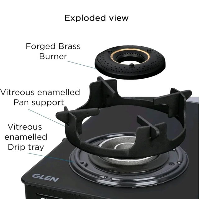 Glen Premium LPG Gas Stove 3 Burner Glass Top | 10-Year Warranty | 1 Jumbo Forged Brass Burner | Matt Finish Glass | 360° Revolving Nozzle | Manual Ignition | LPG & PNG Compatible