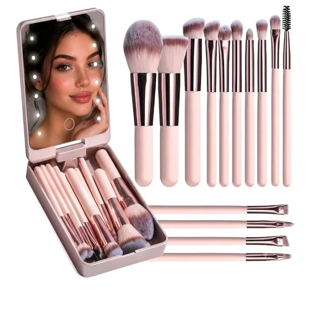INOVERA (LABEL) 14 Pieces Makeup Brushes Set for Women, Girls - Portable Travel Cosmetic Brush Kit with 360° Rotating LED Light Mirror Box Case (Metallic)