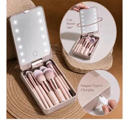 INOVERA (LABEL) 14 Pieces Makeup Brushes Set for Women, Girls - Portable Travel Cosmetic Brush Kit with 360° Rotating LED Light Mirror Box Case (Metallic)