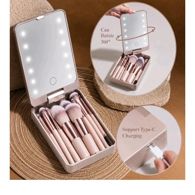 INOVERA (LABEL) 14 Pieces Makeup Brushes Set for Women, Girls - Portable Travel Cosmetic Brush Kit with 360° Rotating LED Light Mirror Box Case (Metallic)