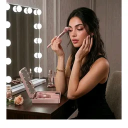 INOVERA (LABEL) 14 Pieces Makeup Brushes Set for Women, Girls - Portable Travel Cosmetic Brush Kit with 360° Rotating LED Light Mirror Box Case (Metallic)