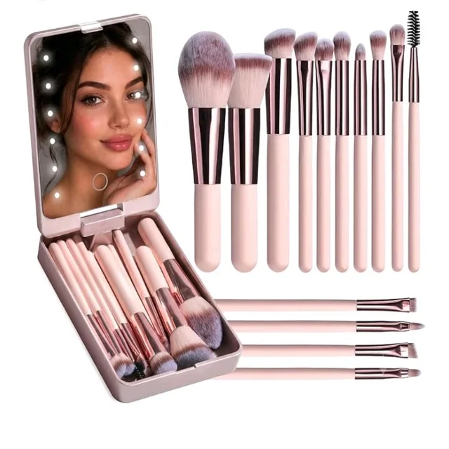 INOVERA (LABEL) 14 Pieces Makeup Brushes Set for Women, Girls - Portable Travel Cosmetic Brush Kit with 360° Rotating LED Light Mirror Box Case (Metallic)