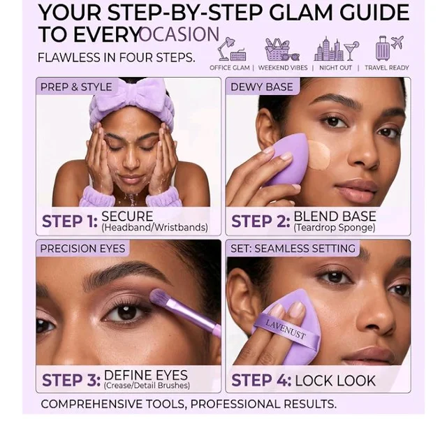 LAVENUST 24Pc Makeup Brush & Sponge Set - Synthetic Face Eye Brushes, Triangle Powder Puffs, Mini Blenders, Spa Headband, Wristbands & Velvet Pouch Kit - Lavender
50+ bought in past month