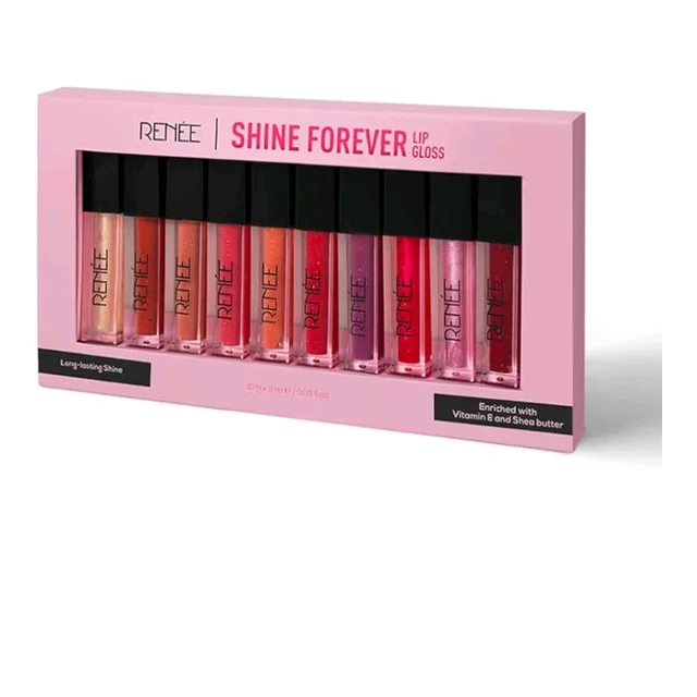 RENEE Shine Forever Lip Gloss Combo of 10 l Non-Sticky, Hydrating, Nourishing l Long-lasting, Smooth, Moisturizing Effect l Shea Butter & Vitamin E Infused l Travel Friendly l Ideal Gifting