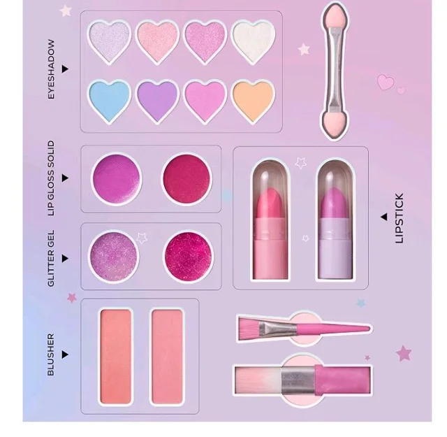 Princess by RENEE Dear Diary Makeup Kit For Kids & Preteens | With 8 Eyeshadows, 2 Blushers, 2 Lipsticks, 2 Lip Gloss Solid, 2 Glitter Gels, 3 Brushes | Dermatologically Tested, Easy To Wash | 1 Unit