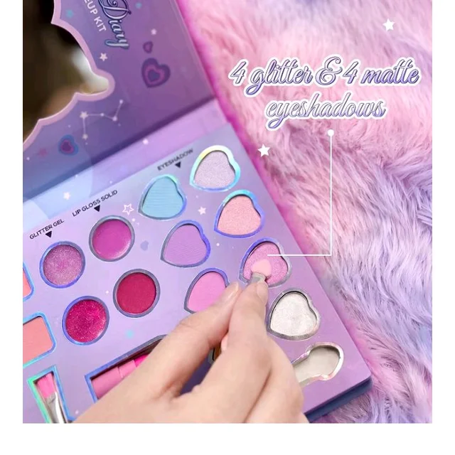 Princess by RENEE Dear Diary Makeup Kit For Kids & Preteens | With 8 Eyeshadows, 2 Blushers, 2 Lipsticks, 2 Lip Gloss Solid, 2 Glitter Gels, 3 Brushes | Dermatologically Tested, Easy To Wash | 1 Unit