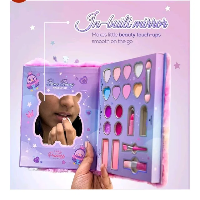 Princess by RENEE Dear Diary Makeup Kit For Kids & Preteens | With 8 Eyeshadows, 2 Blushers, 2 Lipsticks, 2 Lip Gloss Solid, 2 Glitter Gels, 3 Brushes | Dermatologically Tested, Easy To Wash | 1 Unit