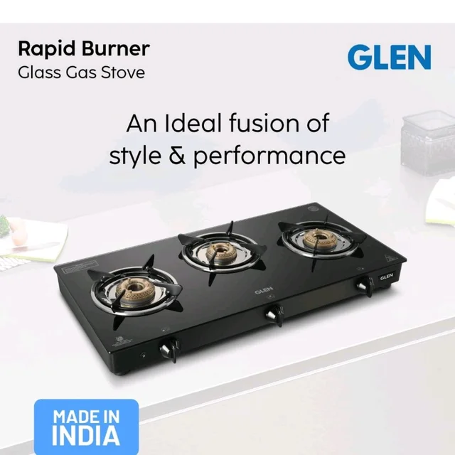 Glen Toughened Glass Top LPG Gas Stove 3 Burner 70 cm | Brass Burners | Black | Auto Ignition | ISI Certified | 360 Revolving Nozzle | 2 Years Standard Warranty | 1030GTBBBLAI