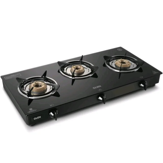 Glen Apex LPG Gas Stove 3 Burner | 6mm Toughened Glass Top Gas Stoves | Brass Burners | ISI Certified | 360 Revolving Inlet Nozzle | Warranty 2 Years Standard (Black)
