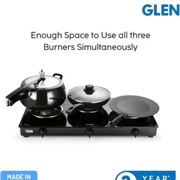 Glen Apex LPG Gas Stove 3 Burner | 6mm Toughened Glass Top Gas Stoves | Brass Burners | ISI Certified | 360 Revolving Inlet Nozzle | Warranty 2 Years Standard (Black)