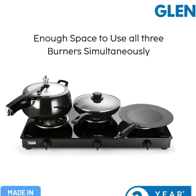 Glen Apex LPG Gas Stove 3 Burner | 6mm Toughened Glass Top Gas Stoves | Brass Burners | ISI Certified | 360 Revolving Inlet Nozzle | Warranty 2 Years Standard (Black)
