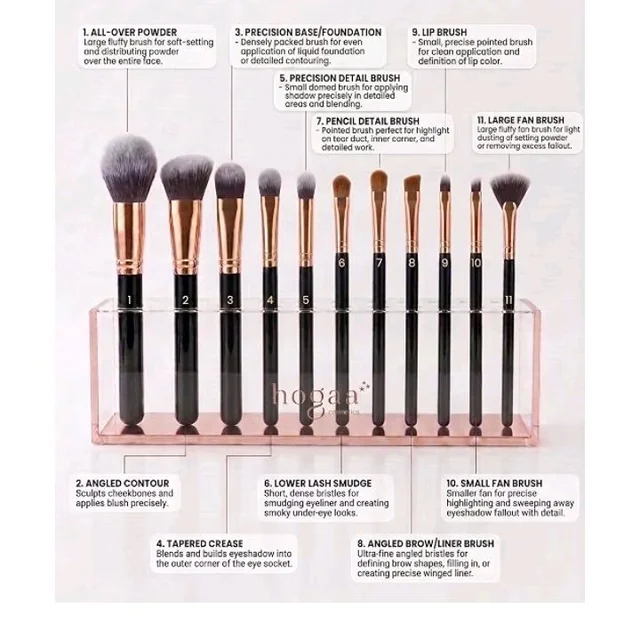 Hogaa Cosmetics Makeup Brush Kit with Leather Zip Case
11-Piece Brush Set, Rose Gold Ferrules, Faux Leather Case, Face & Eye Brushes, Travel Friendly