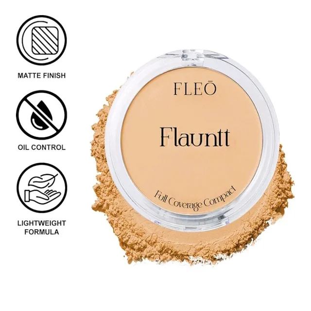 FLEO Flauntt Full Coverage Compact – Matte Finish Long-Lasting Face Powder – Oil Control, Sweat-Resistant, Lightweight Formula – Blurs Pores, Conceals Imperfections & Evens Skin Tone – (03 Beige)