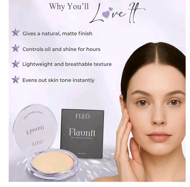 FLEO Flauntt Full Coverage Compact – Matte Finish Long-Lasting Face Powder – Oil Control, Sweat-Resistant, Lightweight Formula – Blurs Pores, Conceals Imperfections & Evens Skin Tone – (03 Beige)