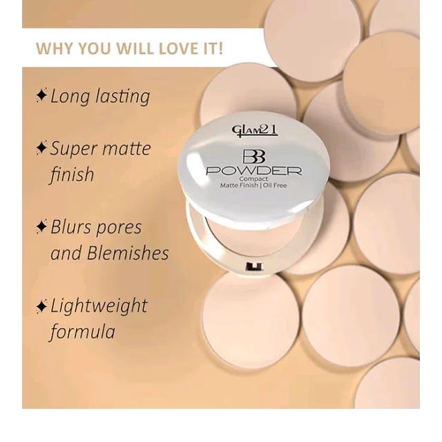 Glam21 BB Powder 2-in-1 Compact Powder Matte Finish & Oil Free | Matte & Shimmer Shades | Instant Weightless Finish Look | Long-lasting | Poreless Soft Skin | 20gm, Natural-02